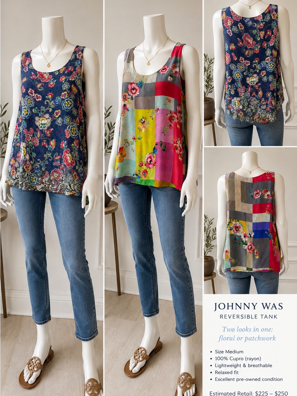 Johnny Was Navy Floral & Multi-Color Reversible Tank